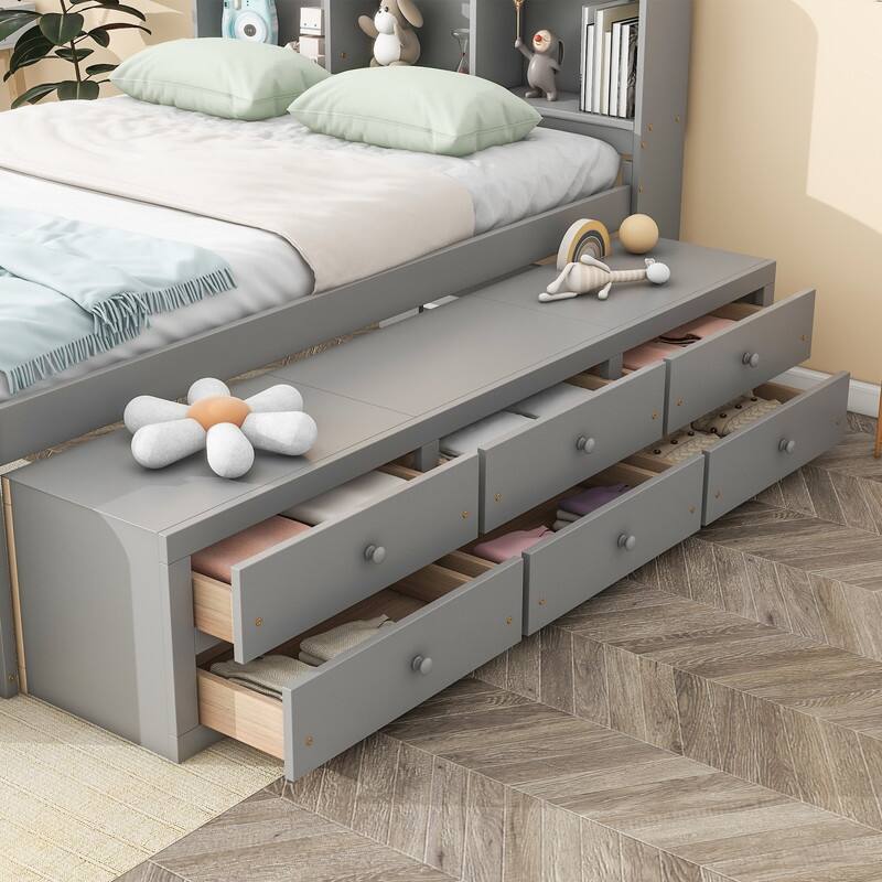 Full Bed with Bookcase Headboard Under bed Storage Drawers and Bed End Storage Case