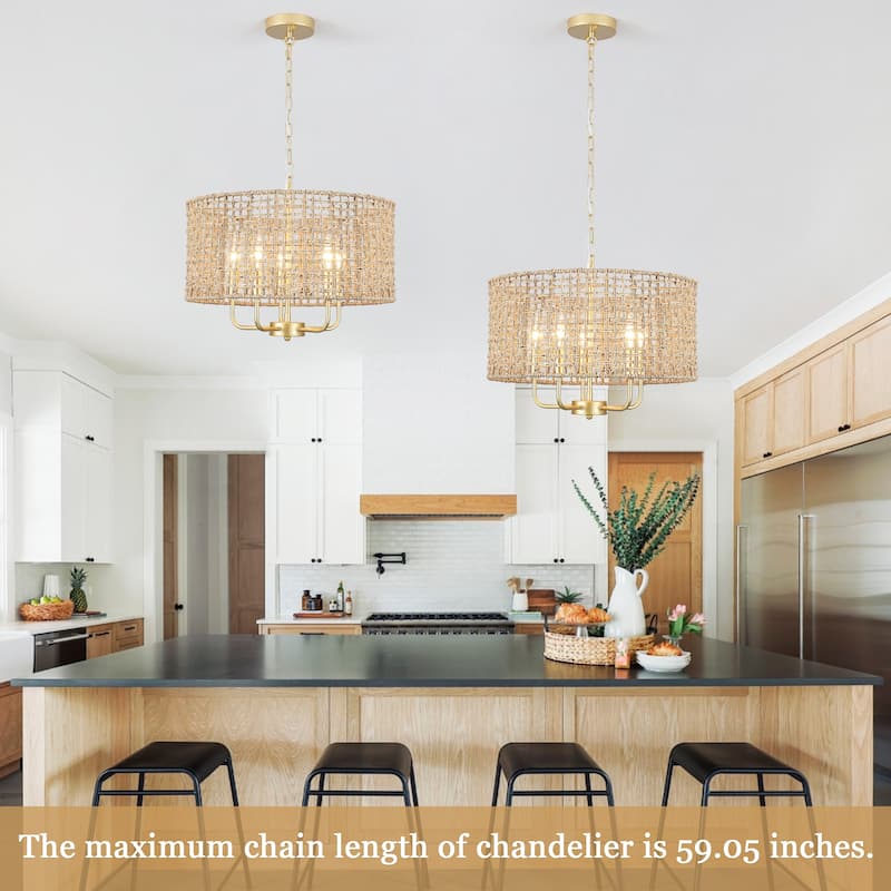 5 - Light Dimmable Drum Chandelier Natural Rattan Bohemian & Coastal Pendant - 18.9 in