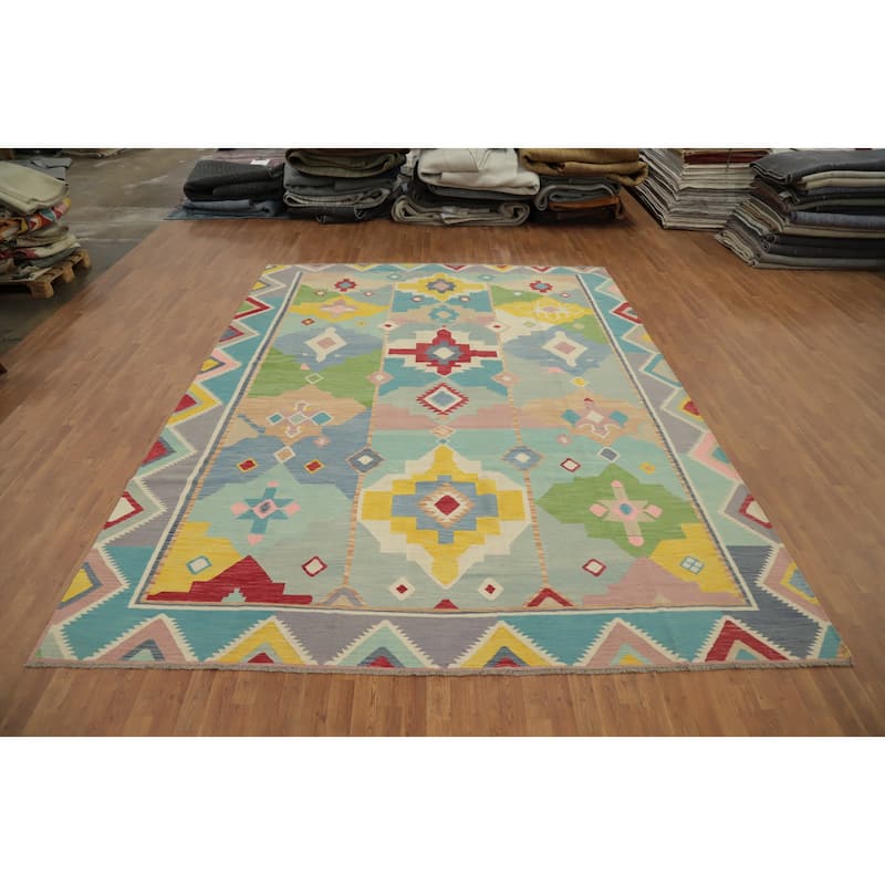 Hand Woven Oriental 100% Wool Carpet Southwestern Tribal Navy Blue & Blues Kilim Area Rug - 13' 4'' X 10' 0''