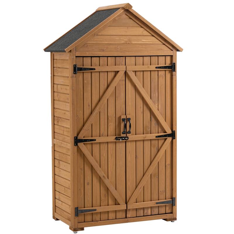 Outdoor Storage Cabinet with Removable Shelves, Wooden Closet Garden Tool Shed with Adjustable Feet, Waterproof Roof