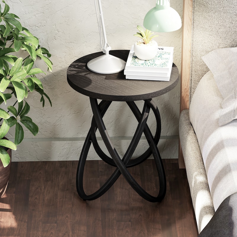 COZAYH Farmhouse End Table Round Wood Side Table Rustic Plant Stand With Intertwined Line Design