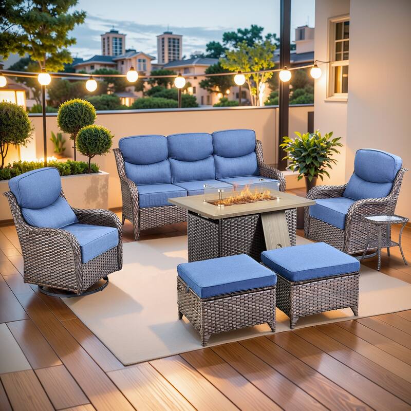 Pocassy Outdoor 6 Inch Sofa Chair Ottoman with Fire Pit Table Set - Brown Wicker Blue Cushion - 7 Pieces Sofa Chair Ottoman Table w/ Fire Table