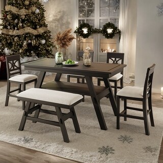 6-Piece Wood Counter Height Dining Table Set with Storage Shelf - Bed ...