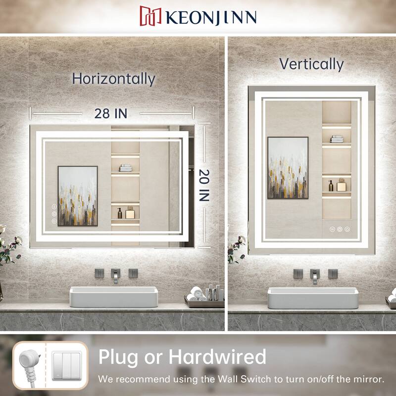 Keonjinn LED Front Light and Backlit Bathroom Vanity Wall Mirror, 3 Color Temperatures, Anti-fog
