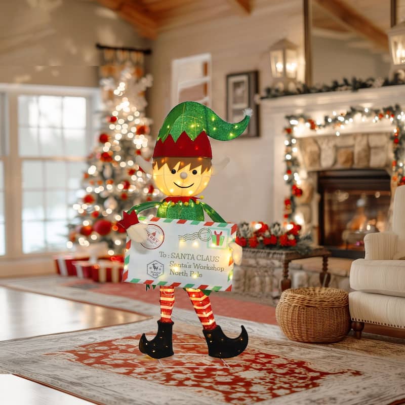 VEIKOUS 4.8FT Lighted Christmas Postman Elf Sign, LED Santa's Mailbox Display with 100 Warm White Lights