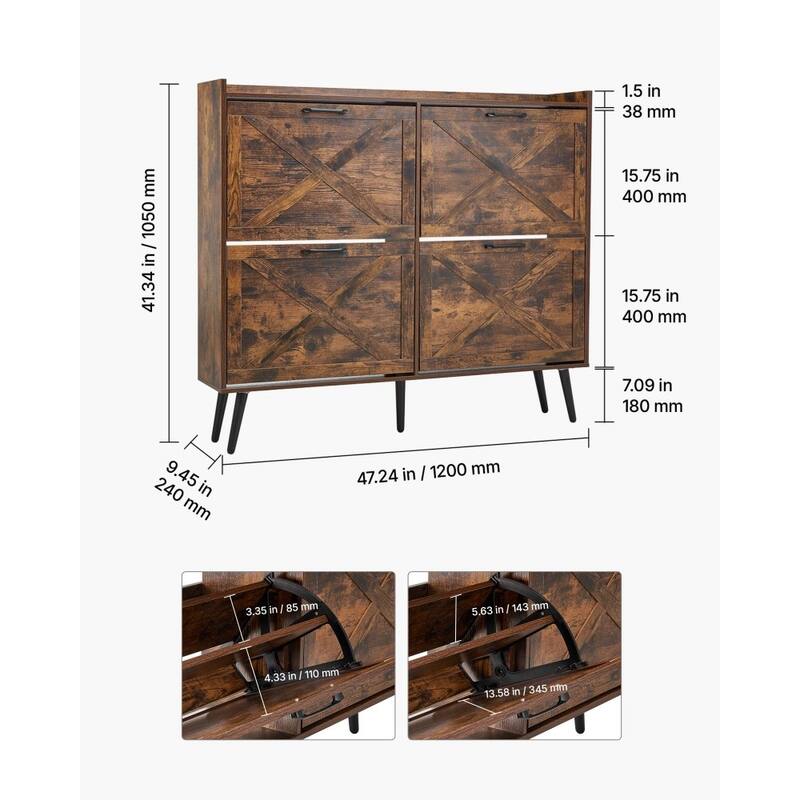 4-Drawer Brown Shoe Organizer Cabinet with Adjustable Flip Storage for Entryway Hallway or Foyer - 47.24 x 9.45 x 41.34 in