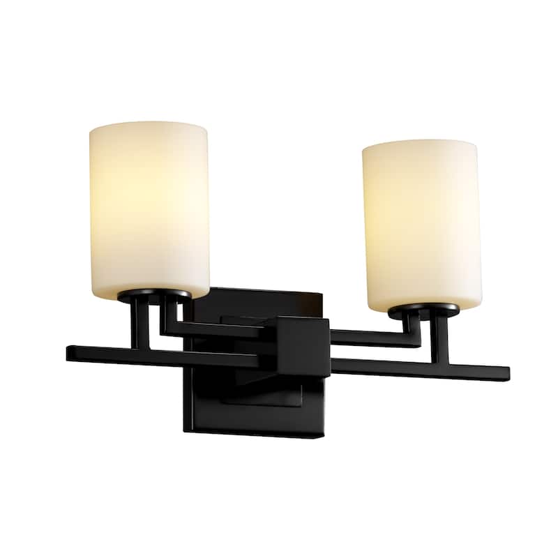 Justice Design Fusion Aero 2-light Matte Black Bath Bar, Opal Cylinder - Flat Rim Shade - Matte Black, Opal