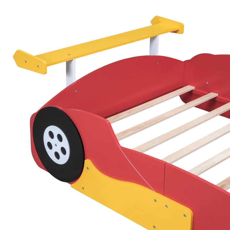 Race Car-Shaped Platform Bed with Wheels - Red Full