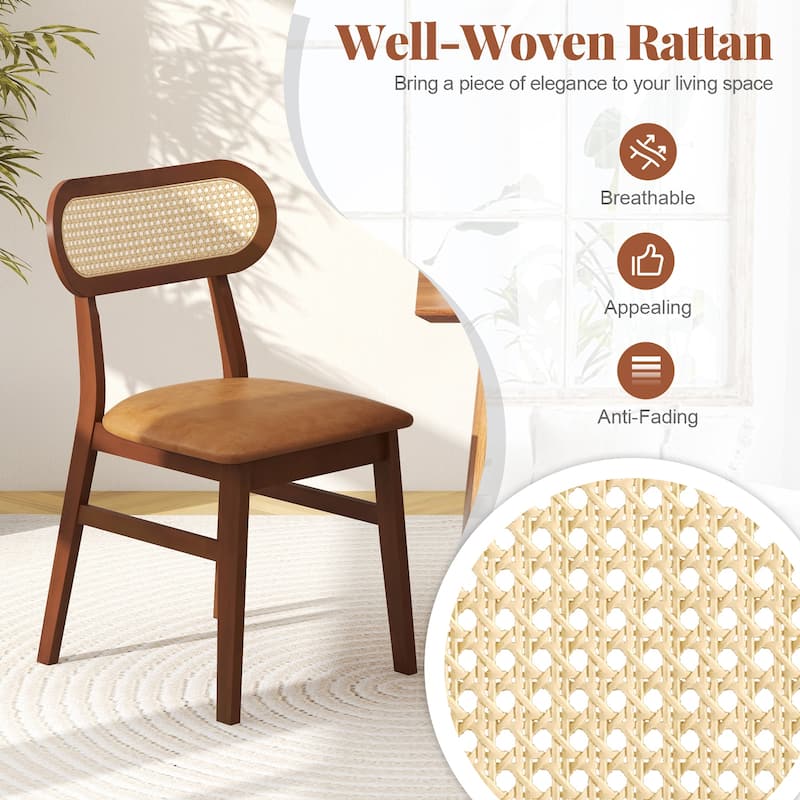 Set of 2 Modern Dining Chairs with Rattan Back and Waterproof PU Cushion Rubber Wood Legs - 19.5" x 19" x 31" (L x W x H)
