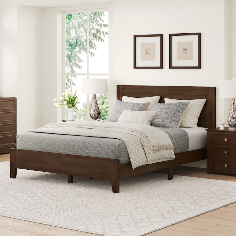 Mid-Century Modern Solid Wood Platform Bed with Headboard Queen/King/Full Size - Dark Walnut/Queen - Queen