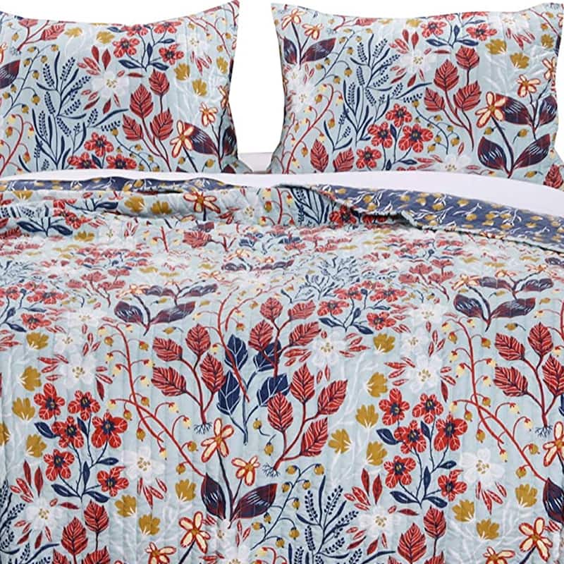 Full Size 3 Piece Polyester Quilt Set with Floral Prints, Multicolor