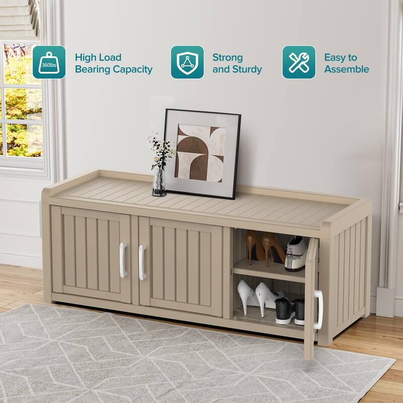 120 Gal. Double Door Locker with 3 Barn Doors Indoor and Outdoor Entryway Storage Bench