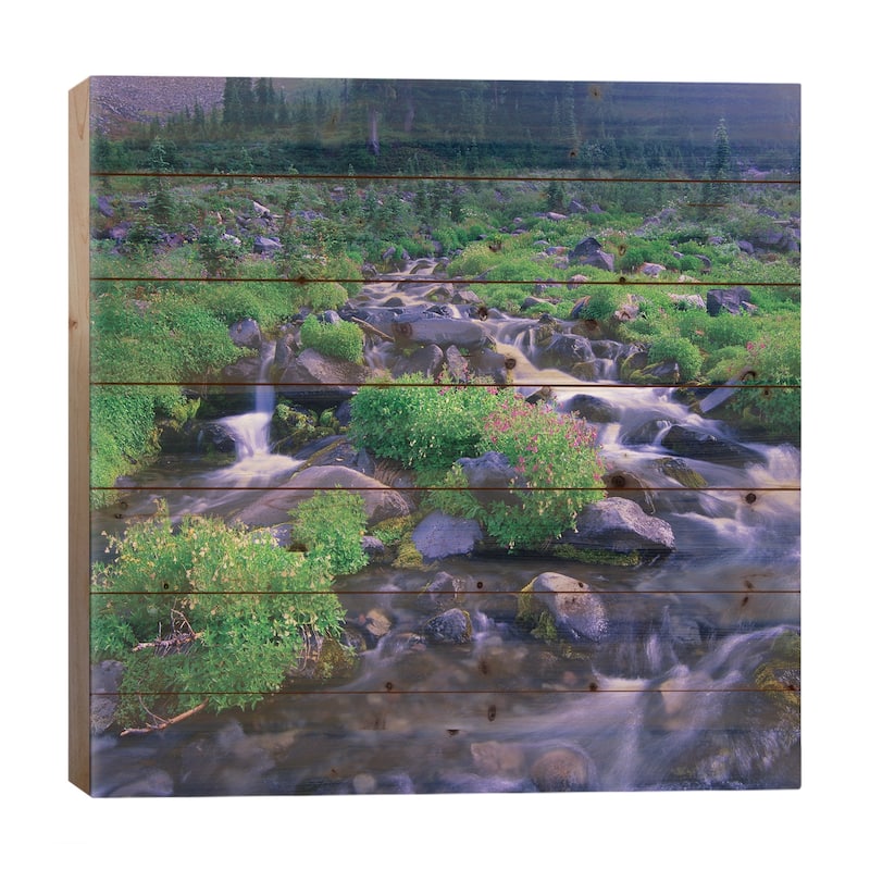 Paradise River With Wildflowers, Mount Rainier National Park, Washington Print On Wood by Tim Fitzharris - Multi-Color - 26x26x1.5