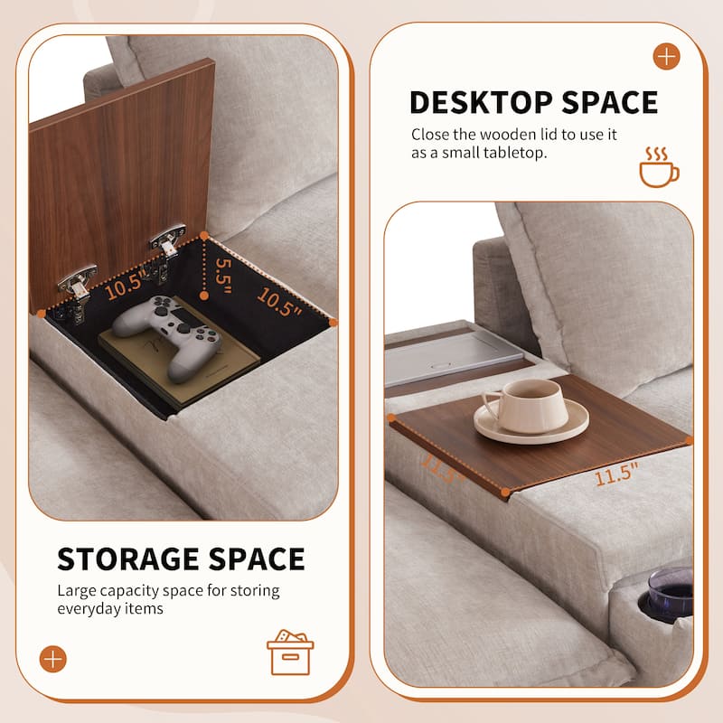 Sectional Sofa With Movable Ottoman And Console,Cup Holder,Wide Seat,U Shaped Couch,Chenille Sofa With Usb Charger