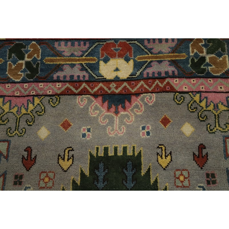Hand Knotted Oriental 100% Wool Carpet Traditional Geometric Greys & Charcoal Kazak Area Rug - 11' 11'' X 9' 2''