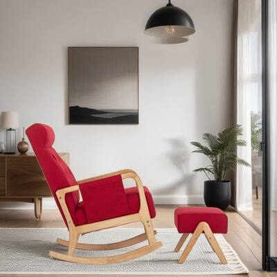 Accent Glider Rocker Chair with Ottoman Armchair with Thick Padded Cushion, Red