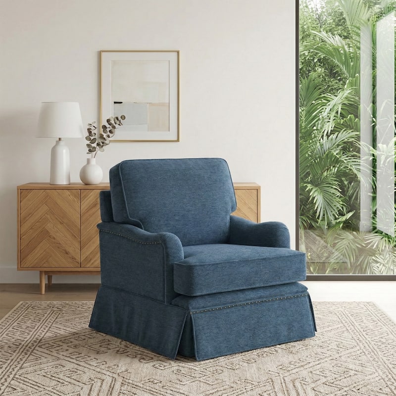 Chenille Swivel Accent Chair with Nailhead Trim Skirt - Navy
