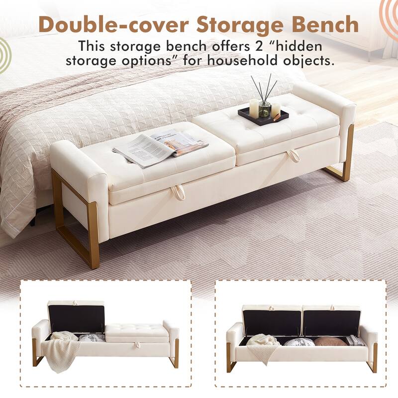 66" Storage Bench King Size End of Bed with Double Lids and Gold Legs