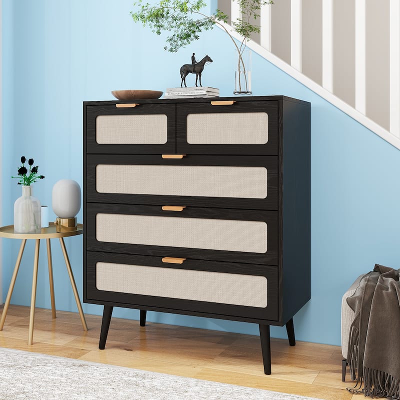 Natural Rattan 5 Drawer Cabinet, Accent Storage Cabinet