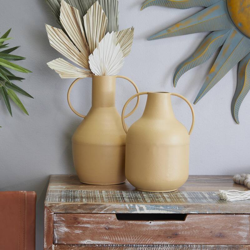 Yellow Metal Decorative Vase with Handles (Set of 2) - Yellow
