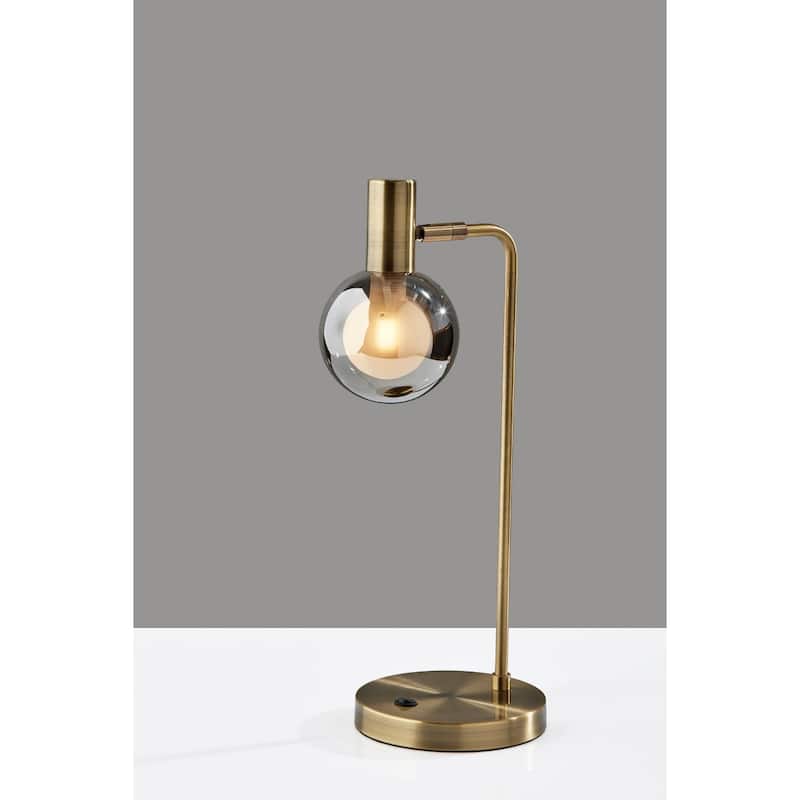 Antique Brass Metal Desk Lamp with Grey Glass Globe Shade and Rocker Switch - 8.75” x 5.5” x 17.5” (D x W x H)