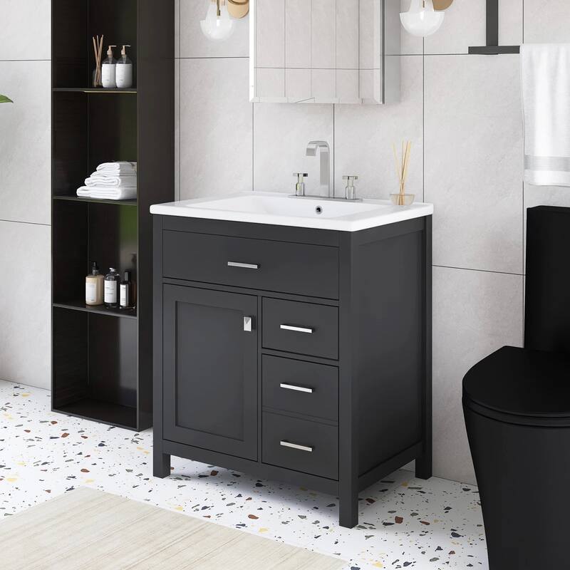 30 in. W x 18 in. D x 34 in. H Single Sink Freestanding Bath Vanity with White Ceramic Top