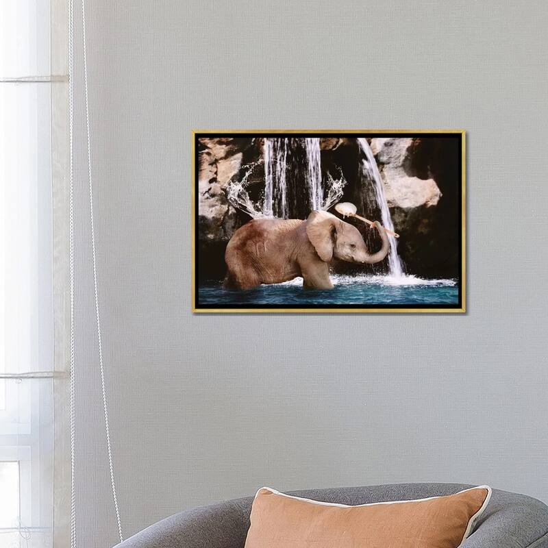 iCanvas "Baby Elephant Bath" by Karen Burke Framed