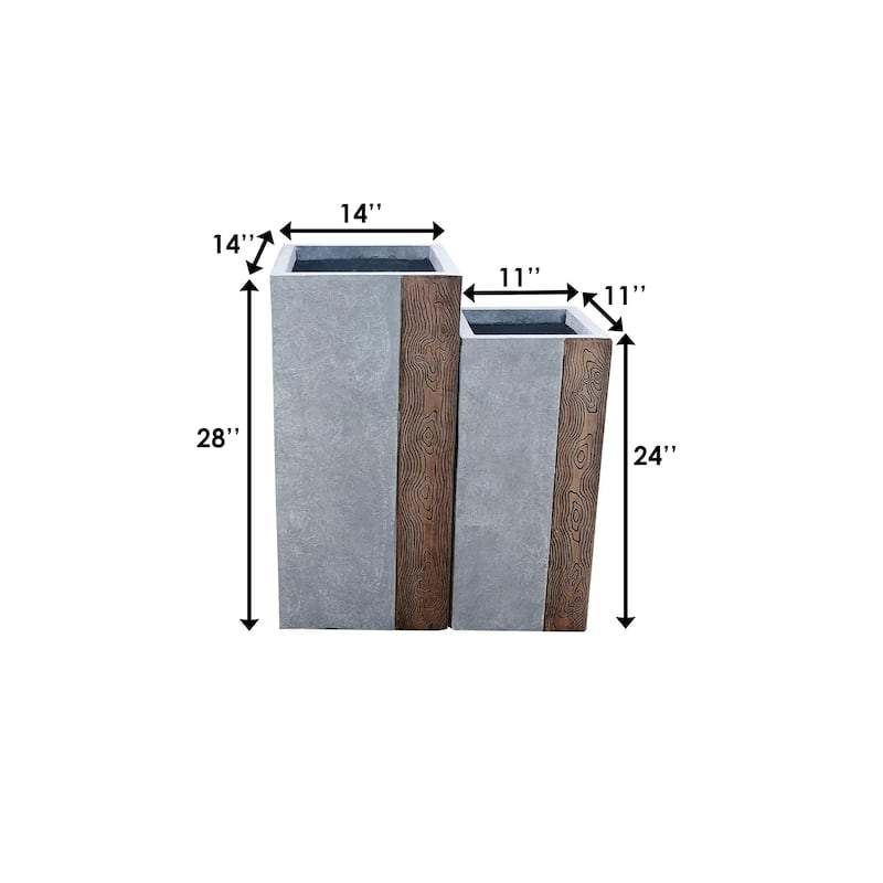 Kante Lightweight Concrete Tall Modern Square Outdoor Planter Set, 28 Inch and 24 Inch Tall, Timber Ridge