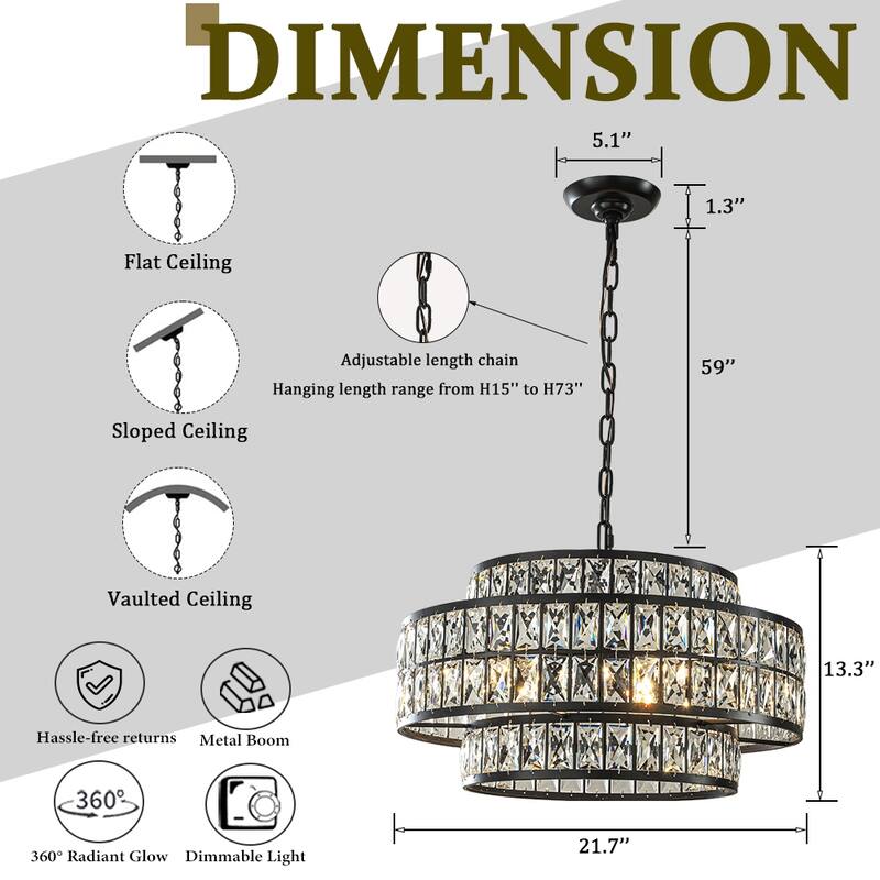 Modern Crystal Chandelier Matte Black Finish Tiered Drum Pendant Light for Small Spaces Dining Room Entryway