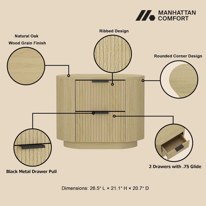 Modern Nightstand with 2 Drawers Natural Oak Finish Ribbed Texture