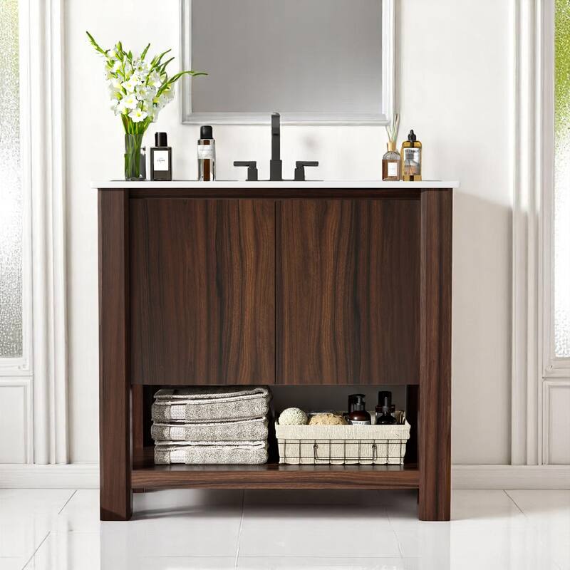 36" Bathroom Vanity with Large Cabinet, Soft-Close Doors, 45-Degree Free Handle Design & Open Bottom Shelf - Dark Brown