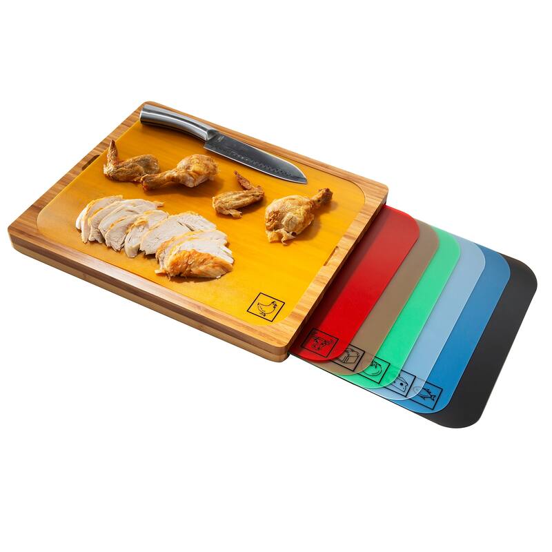 Seville Classics Bamboo Cutting Board and 7 Color-Coded Flexible Cutting Mats