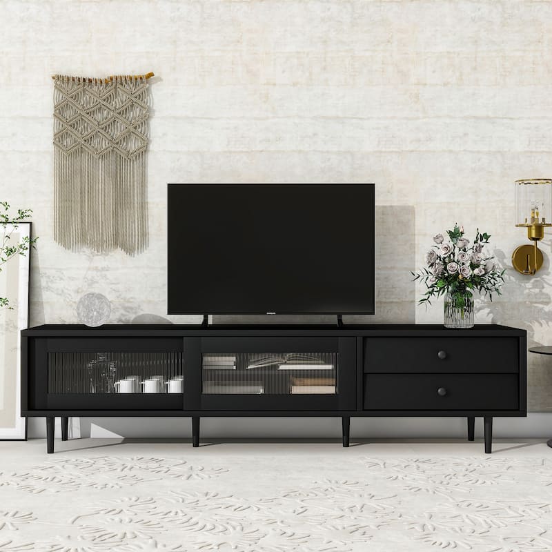 Black TV w/ Sliding Fluted Glass Doors & Front Slanted Drawers