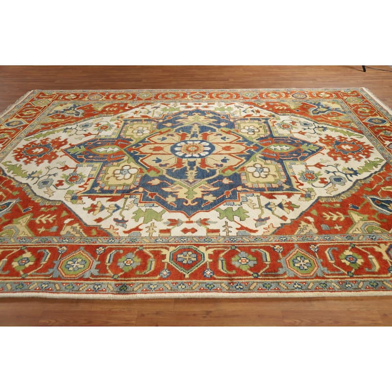 Geometric Medallion Heriz Serapi Indian Area Rug Handmade Wool Carpet - 8'11" x 11'7"
