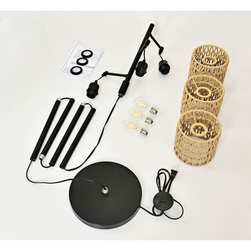 Boho 3-Light Tree Floor Lamp With Rattan Drum Shades