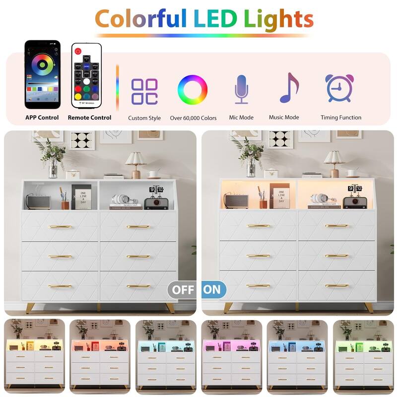 6 Drawers Dresser for Bedroom, with Charging Station and LED Lights