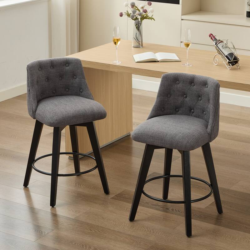 Modern Linen Swivel Bar Stools with Tufted Back,Wood Frame (Set of 2) - Dark Grey