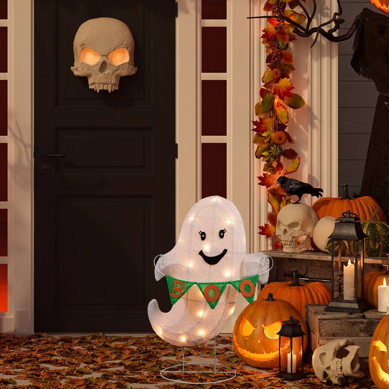 25" Lighted LED Ghost with "Boo" Banner Halloween Yard Decoration