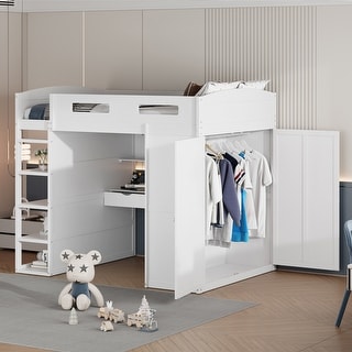 Maximized Storage Space Design Loft Bed with Guardrail, Sturdy Construction, Full Size, White