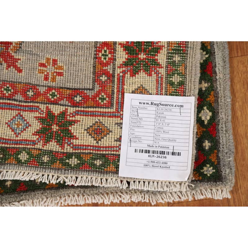 Geometric Kazak Oriental Foyer Rug Hand-Knotted Wool Carpet - 2'0"x 3'0"