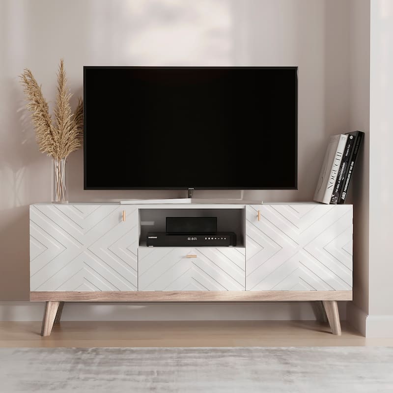 Living Skog Alba Beige TV Stand Console with Drawer Fits TV's up to 65 in. with Wood Legs Mid Century Modern Design - White