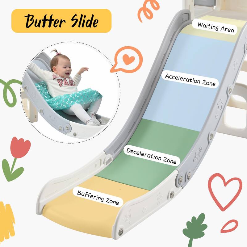 7-in-1 Toddler Slide Set - Spaceship Playset with Slide, Arch Tunnel, Basketball Hoop, and Toy Storage