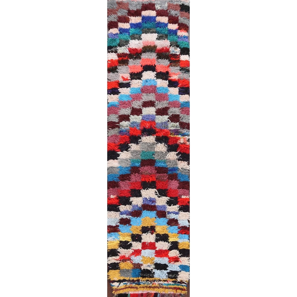 Vintage Checkered Moroccan Oriental Runner Rug Wool Handmade - 2'5" x 9'3"
