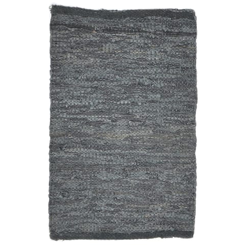 One of a Kind Hand-Woven Modern & Contemporary 2' x 3' Solid Leather Brown Rug - 1'10"x2'10"