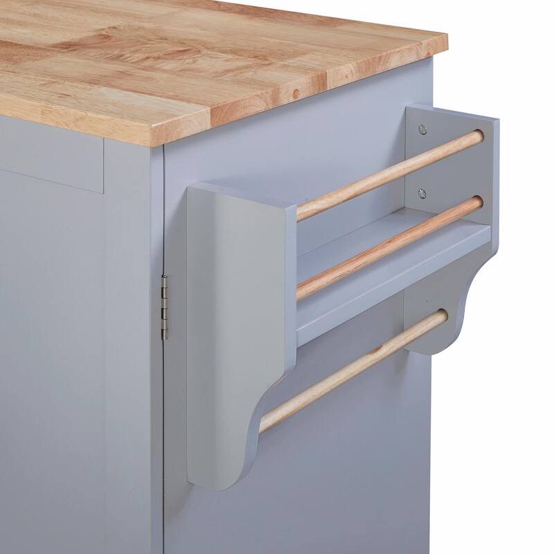 Rolling Kitchen Island with Rubber Wood Top, Drawers, Shelves, Internal Storage, Wheels, Spice & Towel Racks