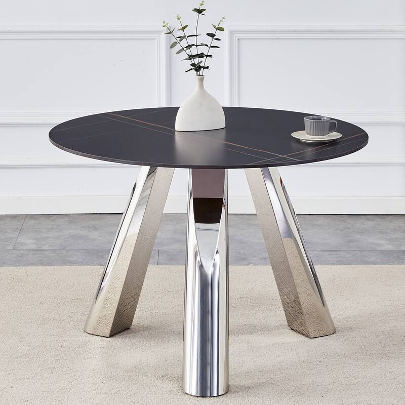 Roomfitters 42" Round Burn Stone Dining Table with Stainless Steel Legs, Seats 4 to 6, Black