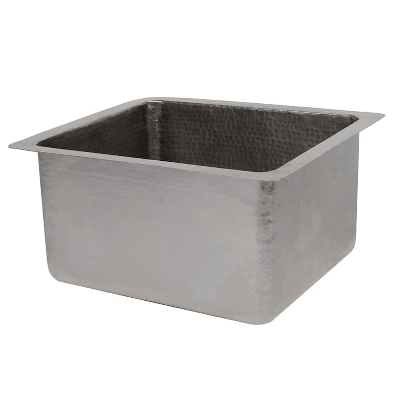 16" Gourmet Rectangular Hammered Copper Bar/Prep Sink in Nickel, Matching Drain and Accessories