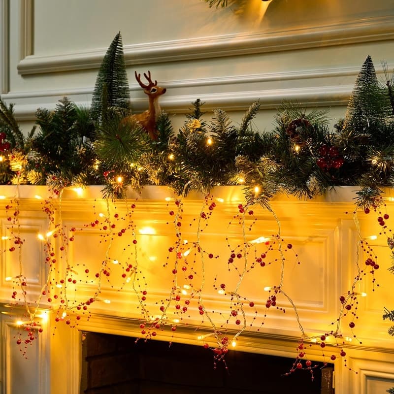 10.8ft Christmas Berry Garland String Light Beaded, 39 LED Decorative Prelit Garland for Fireplace Christmas Holiday