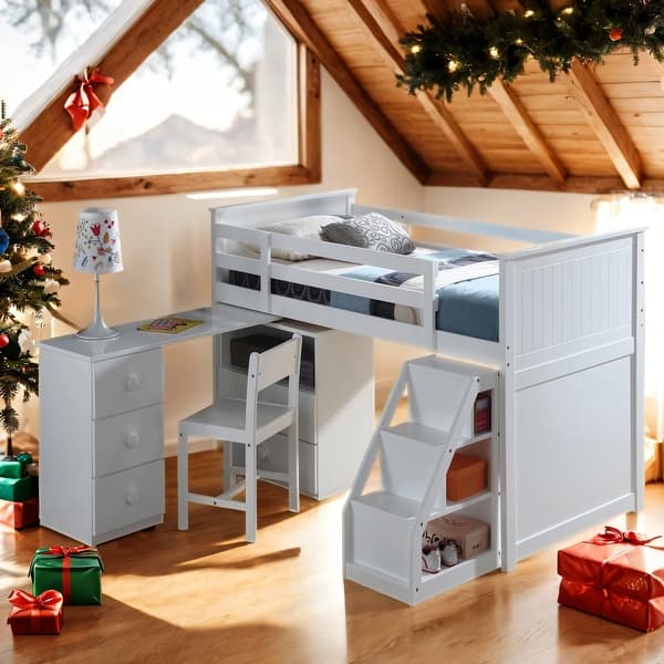 slide 2 of 7, Wooden Twin Size Loft Bed with Built-in Desk and Chest and Three Drawers and Storage Ladder White