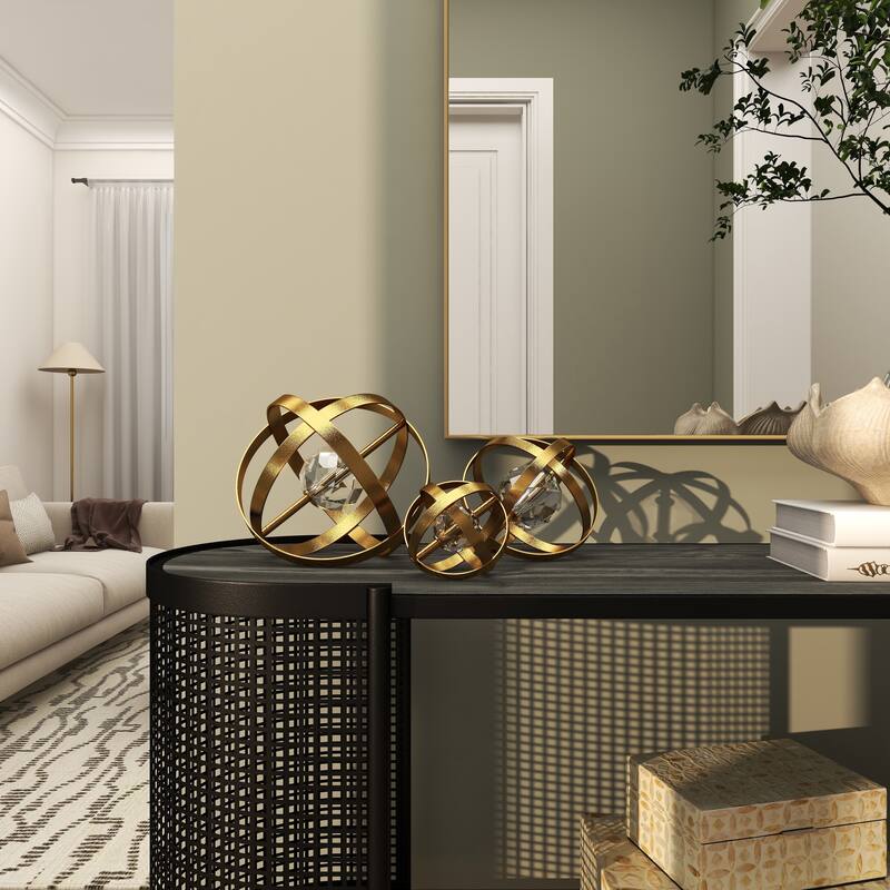 Gold or Silver Metal Orb Geometric Decorative Sculpture with Acrylic Center (Set of 3)